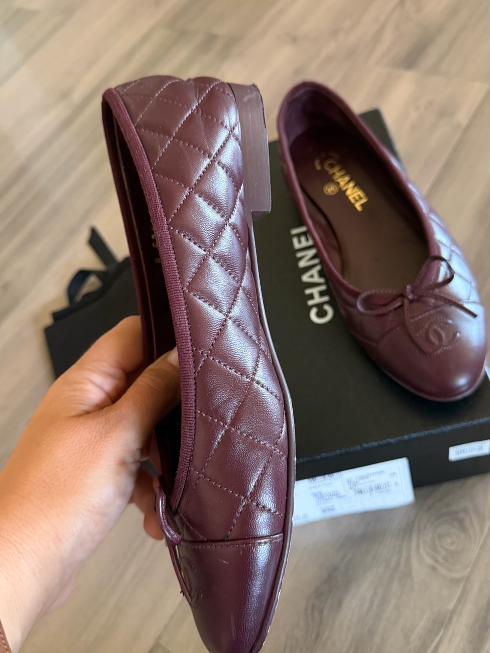 CHANEL Burgundy Quilted Leather Ballerina Flats with Bow - Picture 2 of 7